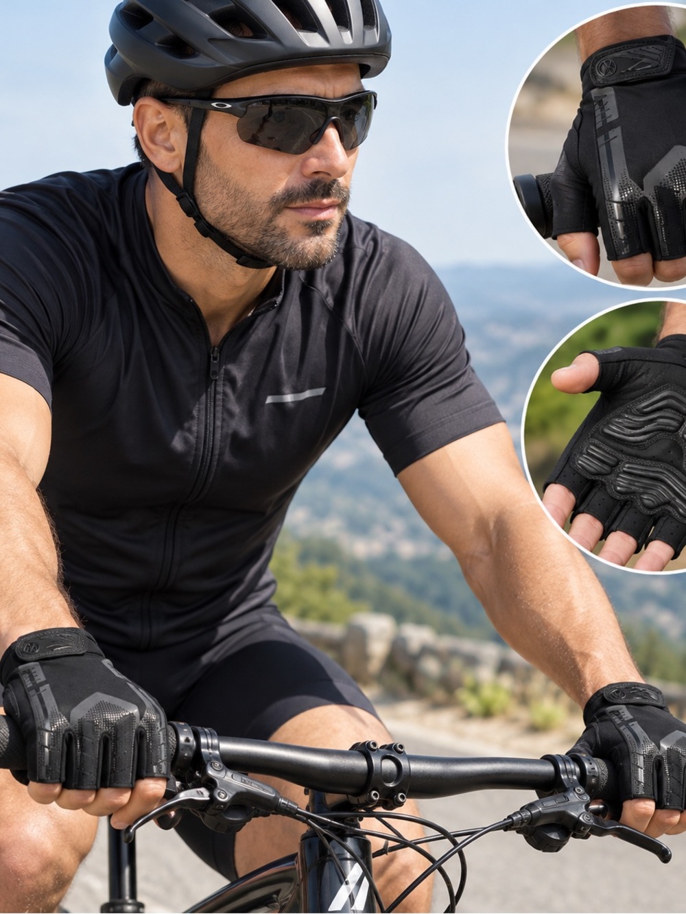 Wheel Up Cycling Fingerless Gloves - Black Solid Biker